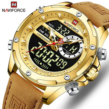 NAVIFORCE New Watches for Men Fashion Sport Chronograph Gold Watch Mens Leather Waterproof Quartz Big Clock Digital Male Watch