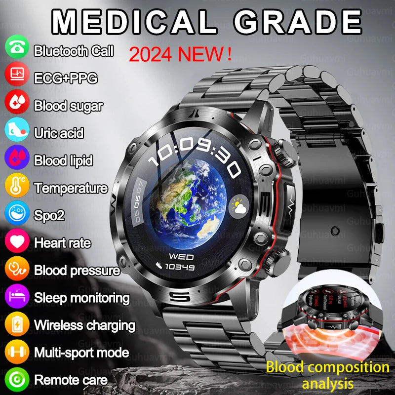 2024 New Blood Lipids Blood Glucose Smart Watch For Men ECG+HRV Fitness Tracker Bluetooth Call Clock Uric Acid Health Smartwatch