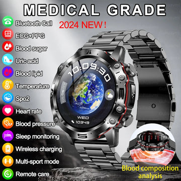 2024 New Blood Lipids Blood Glucose Smart Watch For Men ECG+HRV Fitness Tracker Bluetooth Call Clock Uric Acid Health Smartwatch