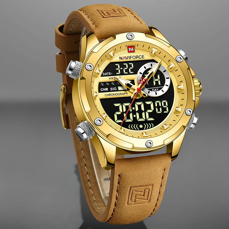 NAVIFORCE New Watches for Men Fashion Sport Chronograph Gold Watch Mens Leather Waterproof Quartz Big Clock Digital Male Watch